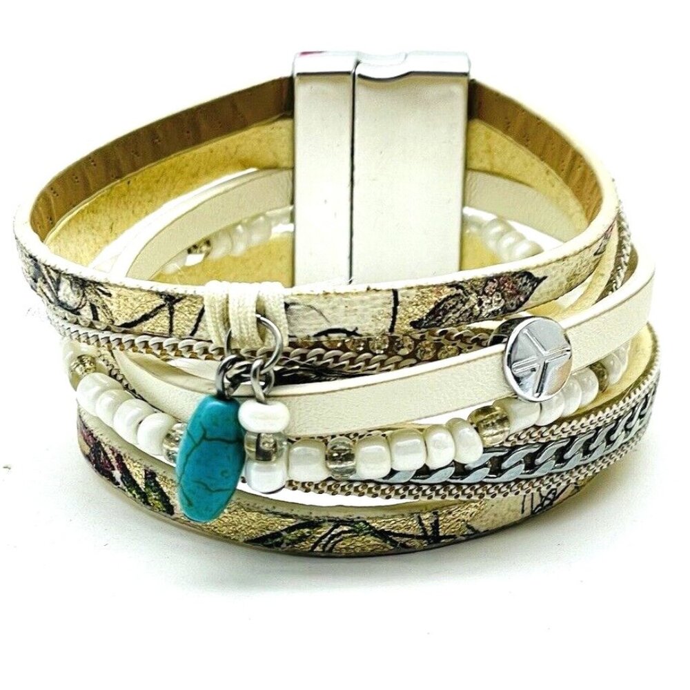 Boho Multi Layer Leather Bracelet with Teal Bead and Magnetic Clasp